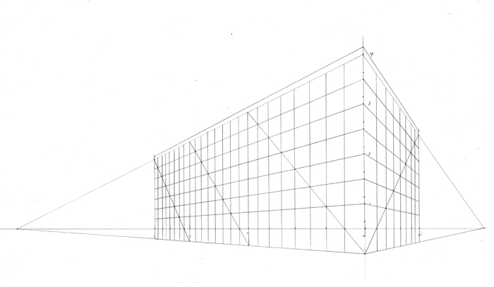 30度・60度の計算値を使用した2点透視”ビルディング”下絵