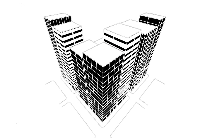 計算値をもとにした3点透視、高層ビル群のイメージ