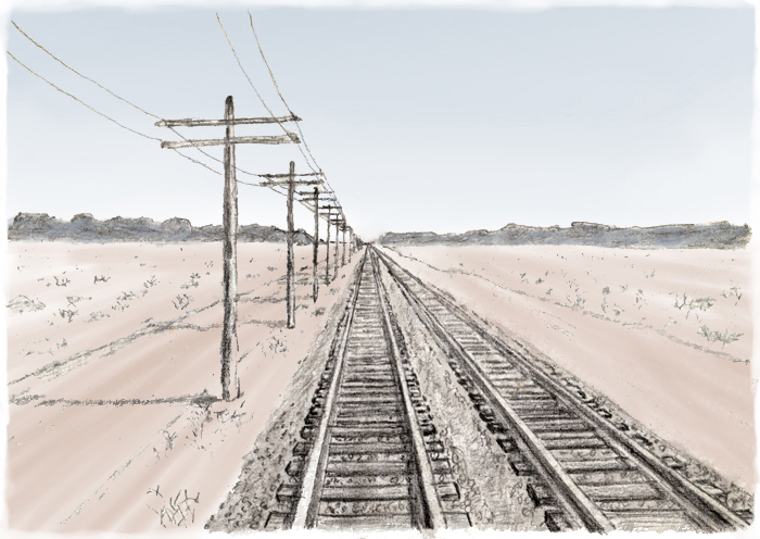 1点透視遠近法作画例、オールデイな鉄道の軌道イメージ